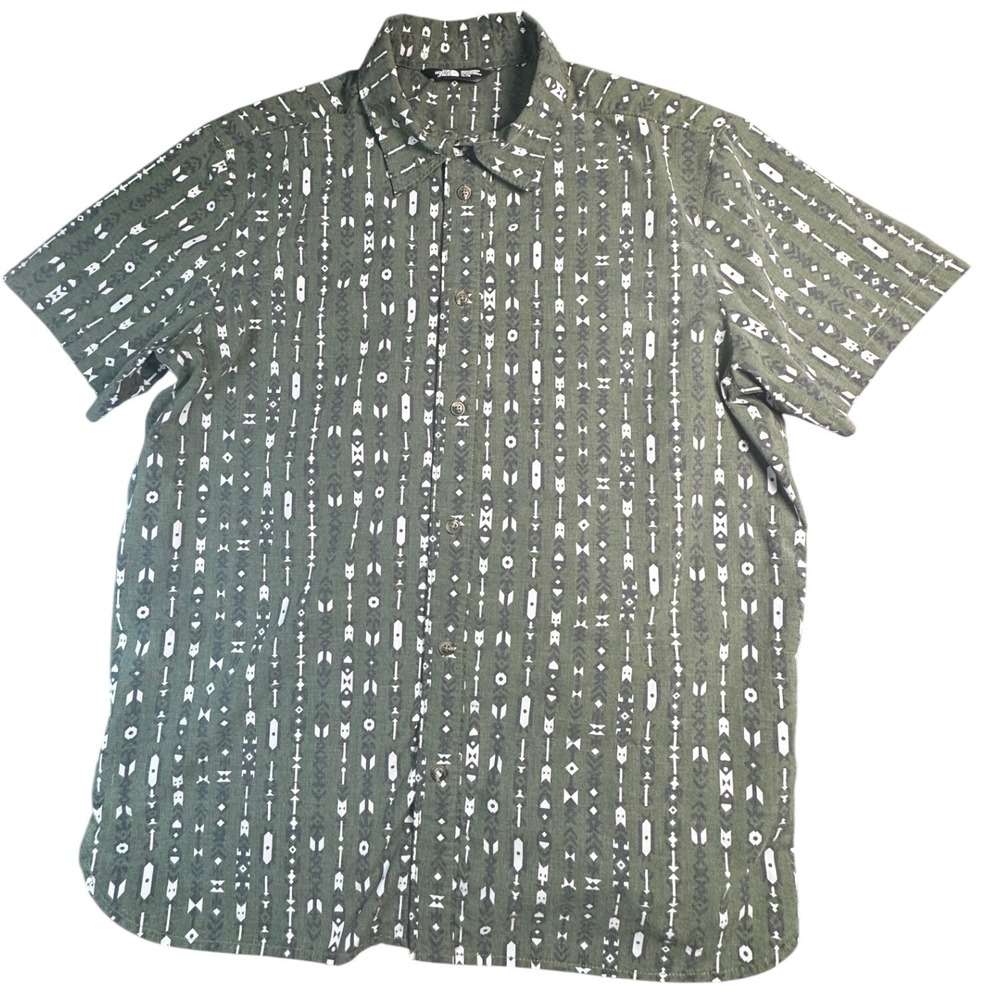 The North Face Mens XL Olive Green Arrow Tribal Print Short Sleeve Button Down